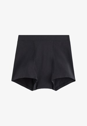 Černé bavlněné hipster šortky s hladkou texturou, elastickým pasem a jednoduchým, minimalistickým designem bez viditelného kování nebo vzorů.