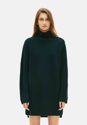 Maglione oversize con collo alto, verde scuro, con polsini e orlo a costine, texture morbida, maniche lunghe, lunghezza fino a metà coscia, design minimalista.