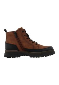Botas de tobillo de cuero marrón con un acabado texturizado, que cuentan con una cremallera en el costado, detalles en negro y una suela de goma resistente adecuada para uso al aire libre.