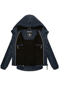 Mørkeblå puffjakke med hætte, med hvide detaljer, en sort fleece-foring, to frontlommer og lynlås-lukning.