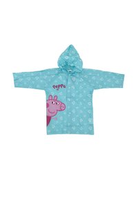 Light blue raincoat with heart patterns, featuring a pink cartoon pig on the front. Includes a hood and front zipper closure.