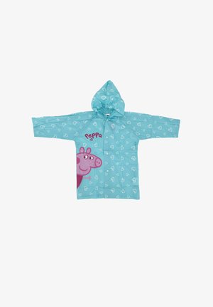 Hellblaue Regenjacke mit Herzmustern, die auf der Vorderseite ein pinkes Cartoon-Schwein zeigt. Mit Kapuze und vorne mit Reißverschluss.