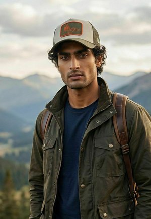 Junger Mann mit grüner Jacke, marineblauem Hemd, Rucksack und beiger Kappe steht draußen mit Bergen und bewölktem Himmel im Hintergrund.