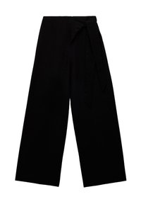 Zwarte wijdvallende broek met een strik tailleband. Gemaakt van zachte stof, met een gladde textuur en zonder zichtbare patronen of hardware.