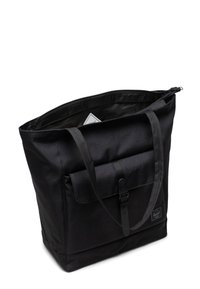 Borsa tote nera realizzata in tessuto resistente, con una tasca frontale, tracolla regolabile e chiusura con zip. L'interno presenta un motivo a righe.