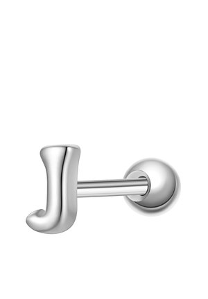 Poleret sølvmetalørering formet som bogstavet "J" med en rund, flad bagside og en lige stift.
