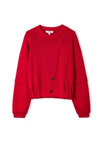 Sweater corto rojo con textura acanalada, cuello redondo, mangas largas, dobladillo elástico y dos botones negros en el frente.
