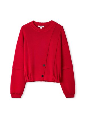 Rood cropped sweater met ribbeltextuur, ronde halslijn, lange mouwen, elastische zoom en twee zwarte knopen aan de voorkant.