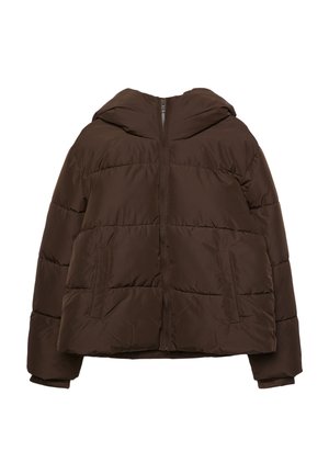Giacca a vento marrone con cappuccio, dotata di chiusura con zip, due tasche frontali e un design trapuntato per un tocco di texture in più.