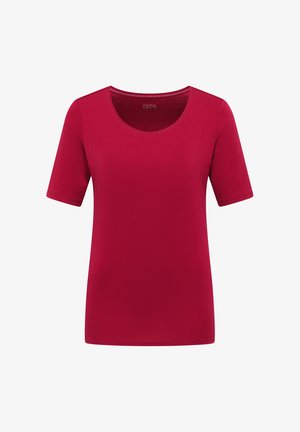 Czerwona koszulka z krótkim rękawem, wykonana z miękkiego materiału. Posiada okrągły dekolt i luźny krój. Prosty design bez dodatkowych wzorów czy akcentów.