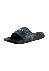 Black slide sandal with blue and black abstract pattern on the strap. Open toe design and textured sole for grip.