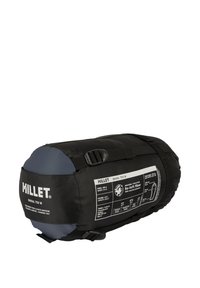 Sac de couchage Millet Baikal 750 W compact en noir et gris, enroulé et maintenu avec des sangles ajustables, montrant des détails d'isolation et de taille.