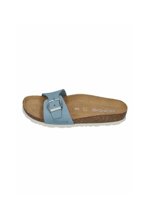 Pantolette mit hellblauem, verstellbarem Schnallenriemen, Korkfußbett und weißer strukturierter Sohle, Größe 38, Marke Rohde.