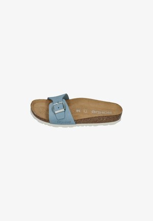 Slide sandal with light blue single adjustable buckle strap, cork footbed, and white textured sole, size 38, brand Rohde.