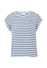 T-shirt rayé en coton bleu clair et blanc. Présente un col rond, des manches à rouleaux, et un petit logo brodé sur le devant.