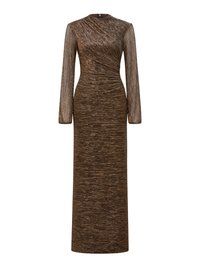 Langærmet, tætsiddende kjole i bronze og brunt struktureret stof, med draperet design og rund halsudskæring. Midtkalvelængde med elegant silhuet.