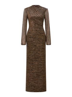 Φόρεμα με μακριά μανίκια, εφαρμοστό, σε μπρονζέ και καφέ υφή, με draped σχεδιασμό και στρογγυλή λαιμόκοψη. Μήκος μέχρι τα μέσα της γάμπας με κομψή σιλουέτα.