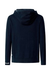 Mornarica svična z mehko teksturo, ki ima kapuco z vrvico, rebraste manšete in logotip kot poudarek na levi rokavu. Preprost in klasičen dizajn.