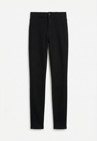 Jean skinny noir à taille haute avec passants de ceinture, bouton avant et fermeture éclair, présenté à plat sur un fond blanc.