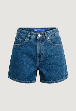 Shorts in denim blu a vita alta con bottone frontale, passanti per cintura e design a cinque tasche, etichettati Karl Lagerfeld Jeans.
