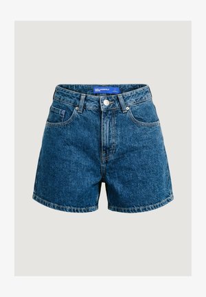 Shorts in denim blu a vita alta con bottone frontale, passanti per cintura e design a cinque tasche, etichettati Karl Lagerfeld Jeans.