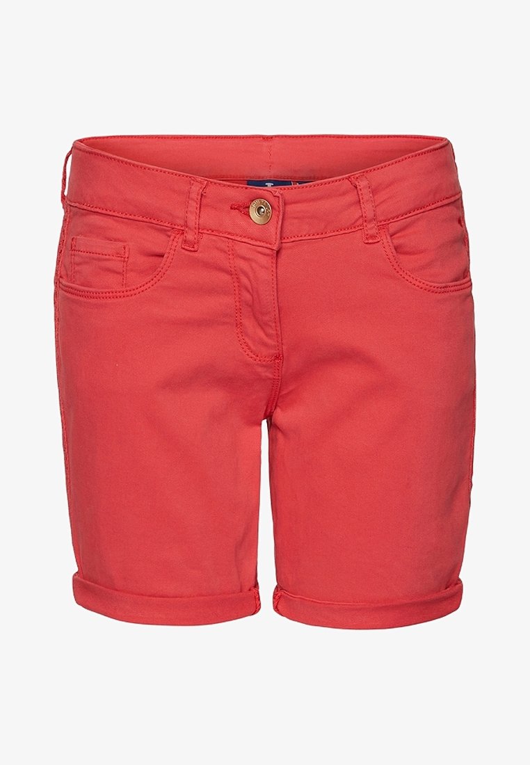 Shorts in denim di cotone rossi con design classico a cinque tasche, orli arrotolati e chiusura frontale con bottone in metallo. Tessuto liscio.