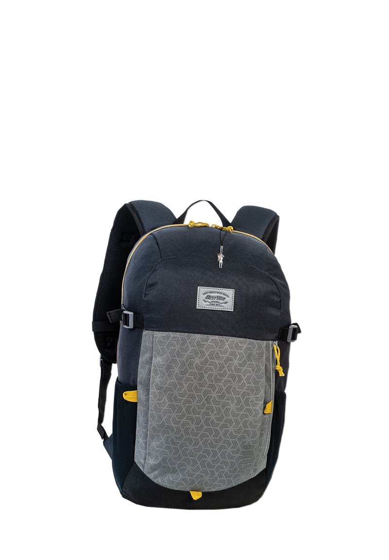 Rucksack aus grauem und schwarzem Stoff, mit gelben Akzenten, geometrischem Muster, vorderer Reißverschlusstasche, gepolsterten Trägern und einem Oberhandgriff.