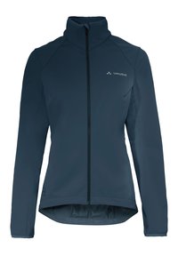 Giacca softshell blu navy con colletto alto, chiusura frontale con zip e maniche raglan. Presenta una fodera in rete e il logo Vaude sul petto.