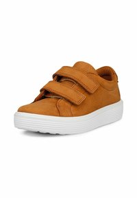 Beige Wildleder-Sneaker mit zwei verstellbaren Klettverschlüssen, weißer Gummisohle, abgerundeter Zehenpartie und strukturiertem Obermaterial für besseren Halt.