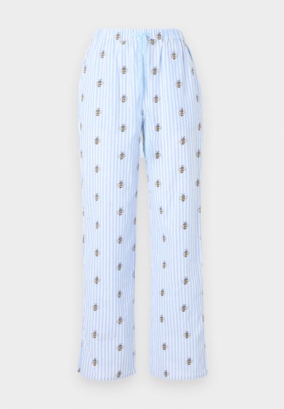 Lyseblå og hvide, stribede pyjamasbukser med elastisk talje, snor og små broderede bi-mønstre over det hele.
