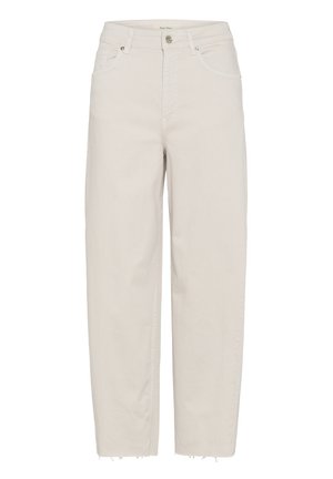 Kõrge vöökohaga beežid sirged teksad, millel on nööp- ja lukk-kinnitus, ees taskud, vööaasad ja lõpetamata ääred.