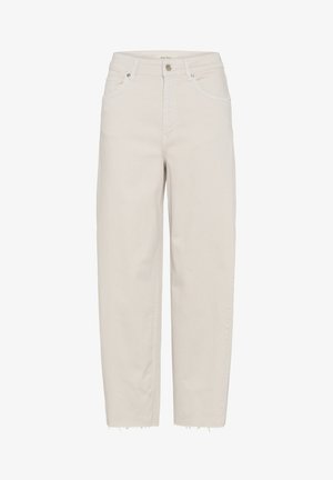 Blugi bej, cu talie înaltă, croială dreaptă, cu închidere cu nasture și fermoar, buzunare frontale, găuri pentru curea și tiv nefinisat.