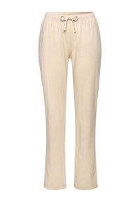 Beige drawstring pants with a soft texture, elastic waistband, and straight leg design. No visible patterns or hardware.