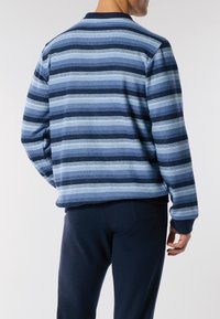 Felpa a righe blu con diverse tonalità di blu e blu navy, in cotone, con collo a giro e dettagli a costine ai polsini. Pantaloni blu navy scuri sotto.