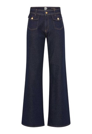 Denim flared jeans in dark blue with contrasting orange stitching, high waist, two front pockets, and gold-tone hardware accents.