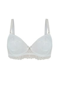 Biały biustonosz z koronkowymi detalami, gładkimi miseczkami, regulowanymi ramiączkami i małym dekoracyjnym akcentem na środku.