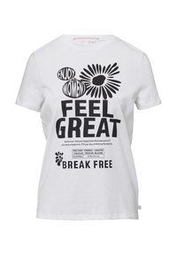Witte katoenen t-shirt met een ronde halslijn, voorzien van zwarte bedrukte tekst en grafische ontwerpen, waaronder bloemen en motiverende uitspraken.