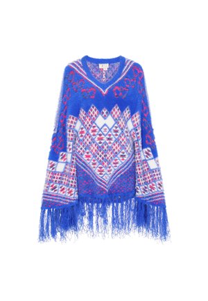 Blauwe flauschige Strickponcho mit geometrischen Mustern in Weiß und Pink, mit tiefem V-Ausschnitt und fransigem Saum. Strukturierter, kuscheliger Stoff.