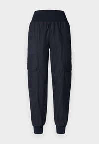 Pantalones cargo azul marino con cintura acanalada, puños elásticos, bolsillos laterales y una tela de denimTexturado. Diseño de corte relajado.