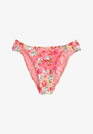Chiloți de bikini roz cu model floral în nuanțe de roșu, alb și verde, cu bretele laterale adunate și o finisare netedă a materialului.