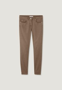 Bruine skinny jeans van katoenmix, met een klassieke vijf-pocketontwerp, metalen knoop en kleppen, gladde textuur en slim fit.