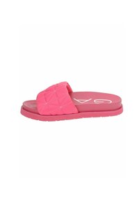 Pink slide sandals with a quilted strap design, flat sole, and embossed logo on the footbed. Made from synthetic materials.