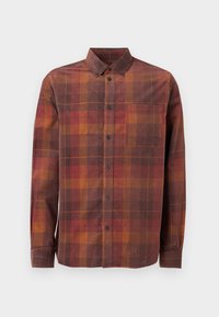 Καρό πουκάμισο μακρυμάνικο σε αποχρώσεις καφέ, κόκκινου και πορτοκαλί. Διαθέτει γιακά με κουμπιά και μία τσέπη στο στήθος. Υφή υφάσματος με ανάγλυφη επιφάνεια.