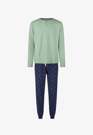 Heren twee-delig pyjama set met een lichtgroene lange mouwen henley top en marineblauwe broek met kleine palmbomenpatronen.