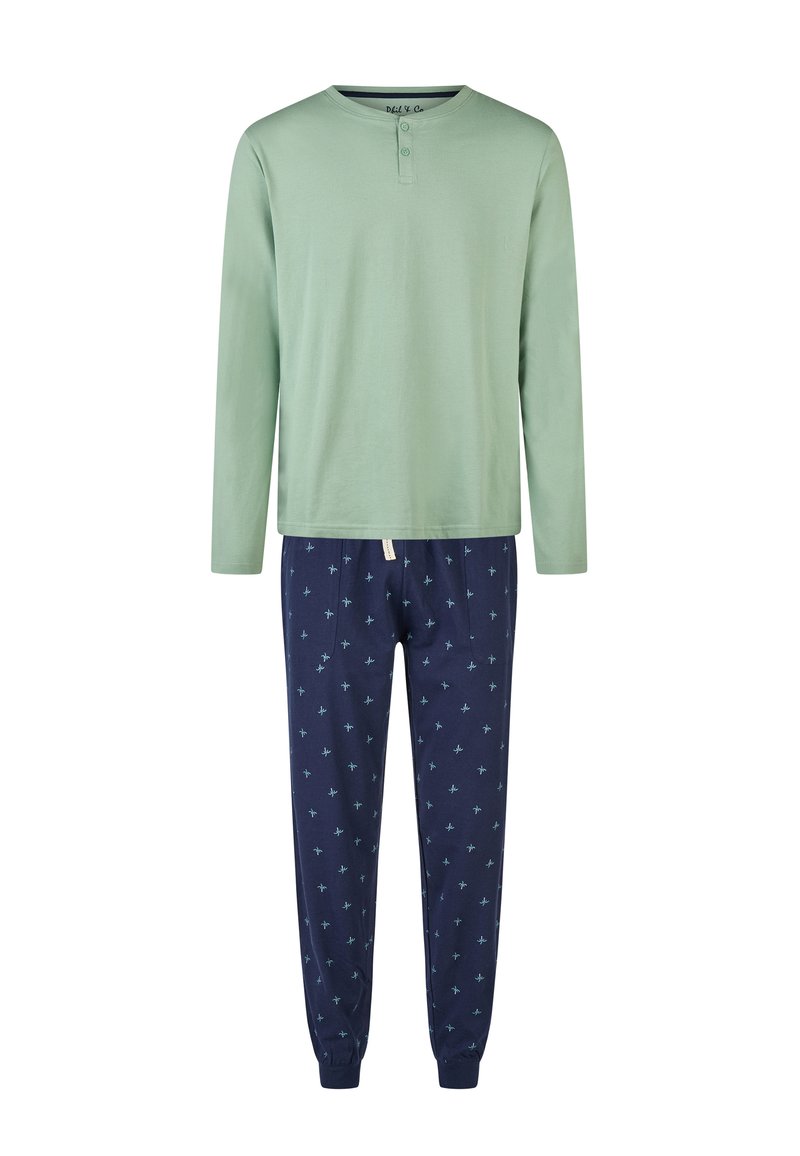 Heren twee-delig pyjama set met een lichtgroene lange mouwen henley top en marineblauwe broek met kleine palmbomenpatronen.