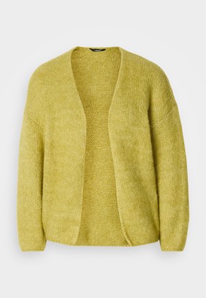 Yellow cardigan made from textured knit fabric, open front, and drop shoulders, featuring a relaxed fit and minimalistic design.