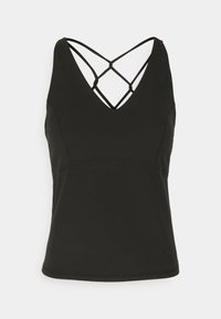 Černý top bez rukávů s výstřihem do V a křížovým designem na zádech. Vyrobeno z hladkého materiálu se strukturovanými švy, které poskytují přiléhavý siluetu.