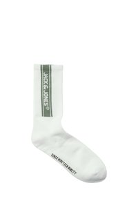 Witte katoenen sok met een geribbelde structuur, voorzien van groene strepen en de tekst "JACK & JONES" aan de zijkant en "SINCE NINETEEN NINETY" aan de onderkant.