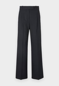 Tumed sinise triibuga püksid, kõrge vöökoht, laiad jalad ning ilma nähtavate metalldetailide või kaunistusteta. Sile tekstuur ja täpselt istuv lõige.