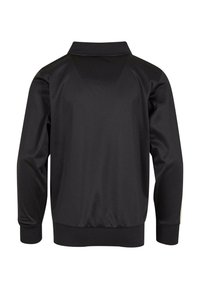 Svart sportjakke med ribbestrikket krage, lange ermer og elastiske mansjetter. Glatt, lett materiale med et enkelt, rent design.